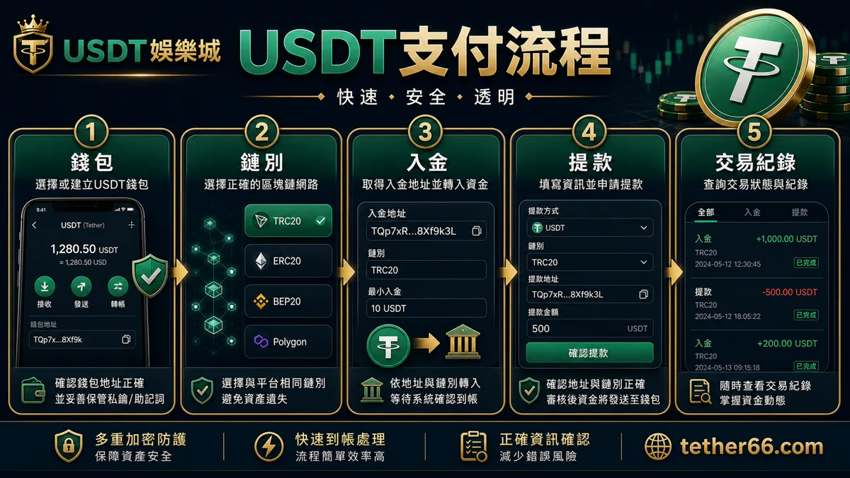 USDT娛樂城支付流程圖:錢包、鏈別、入金、提款與交易紀錄