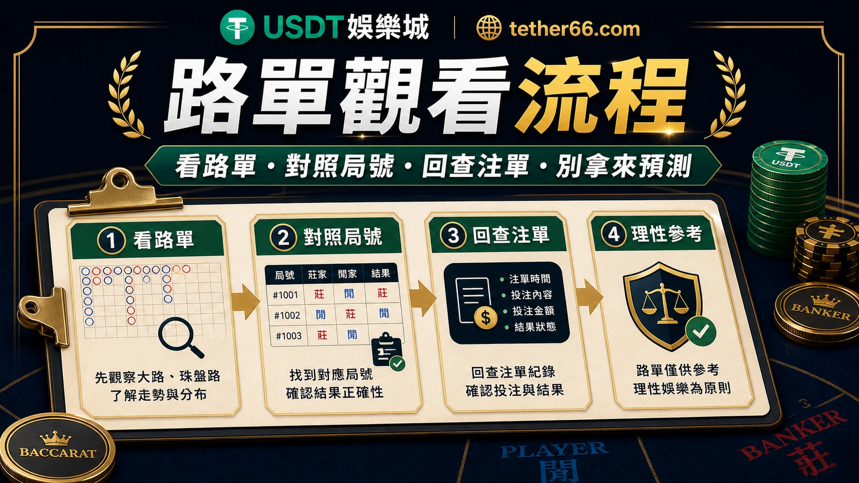 百家樂路單判讀流程圖：先看結果，再看桌型、紀錄與節奏