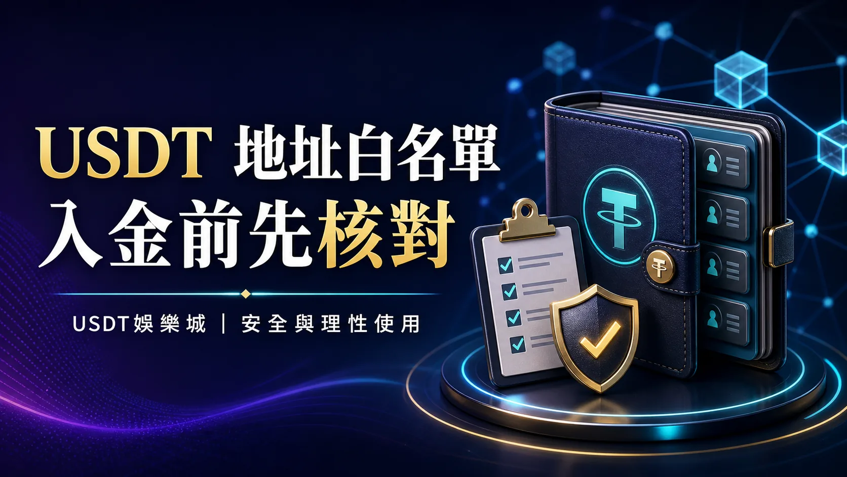 USDT 地址白名單與入金前核對的文章封面，副標為 USDT娛樂城安全與理性使用