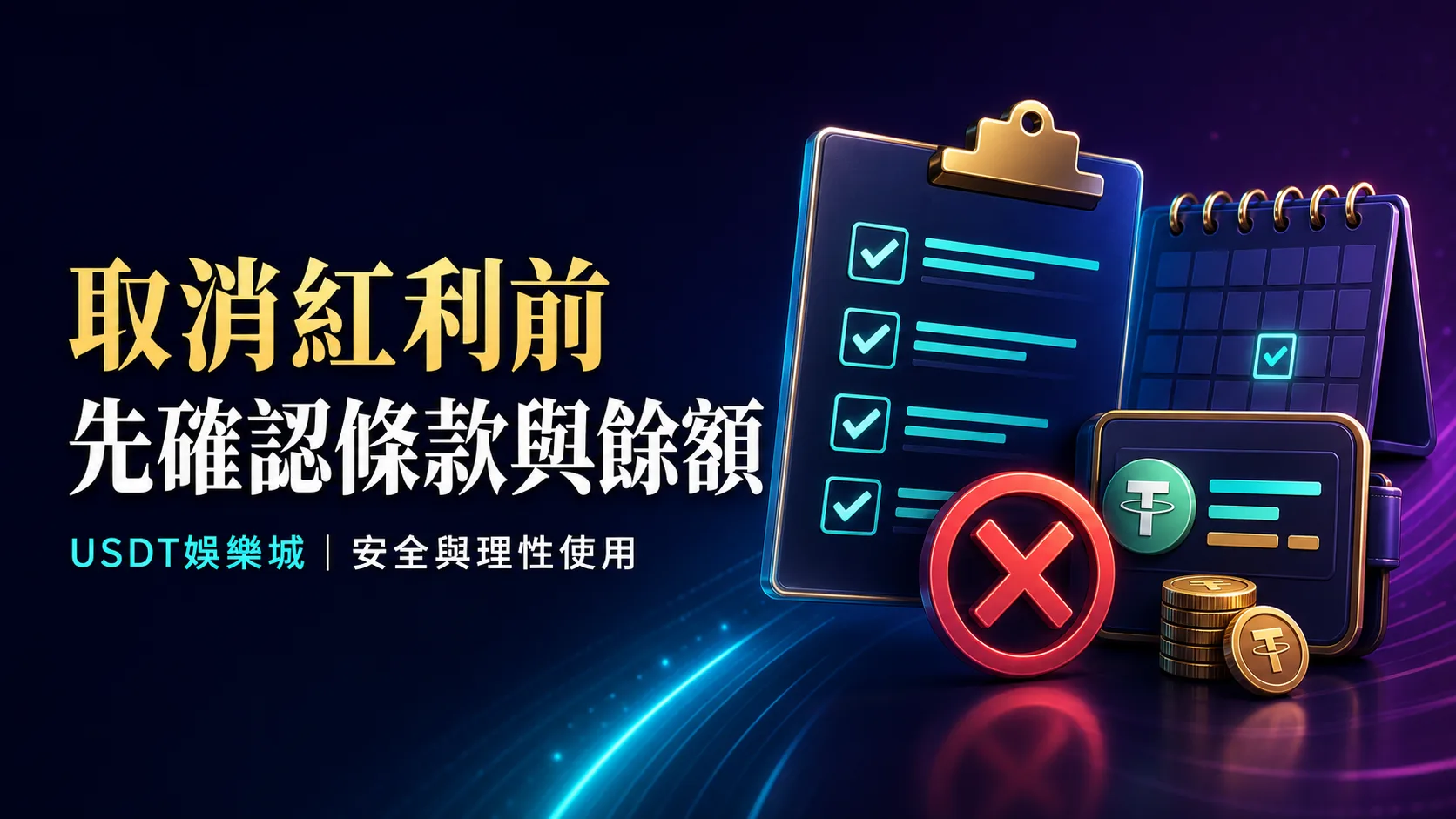 取消紅利前確認條款與餘額的文章封面，副標為 USDT娛樂城安全與理性使用