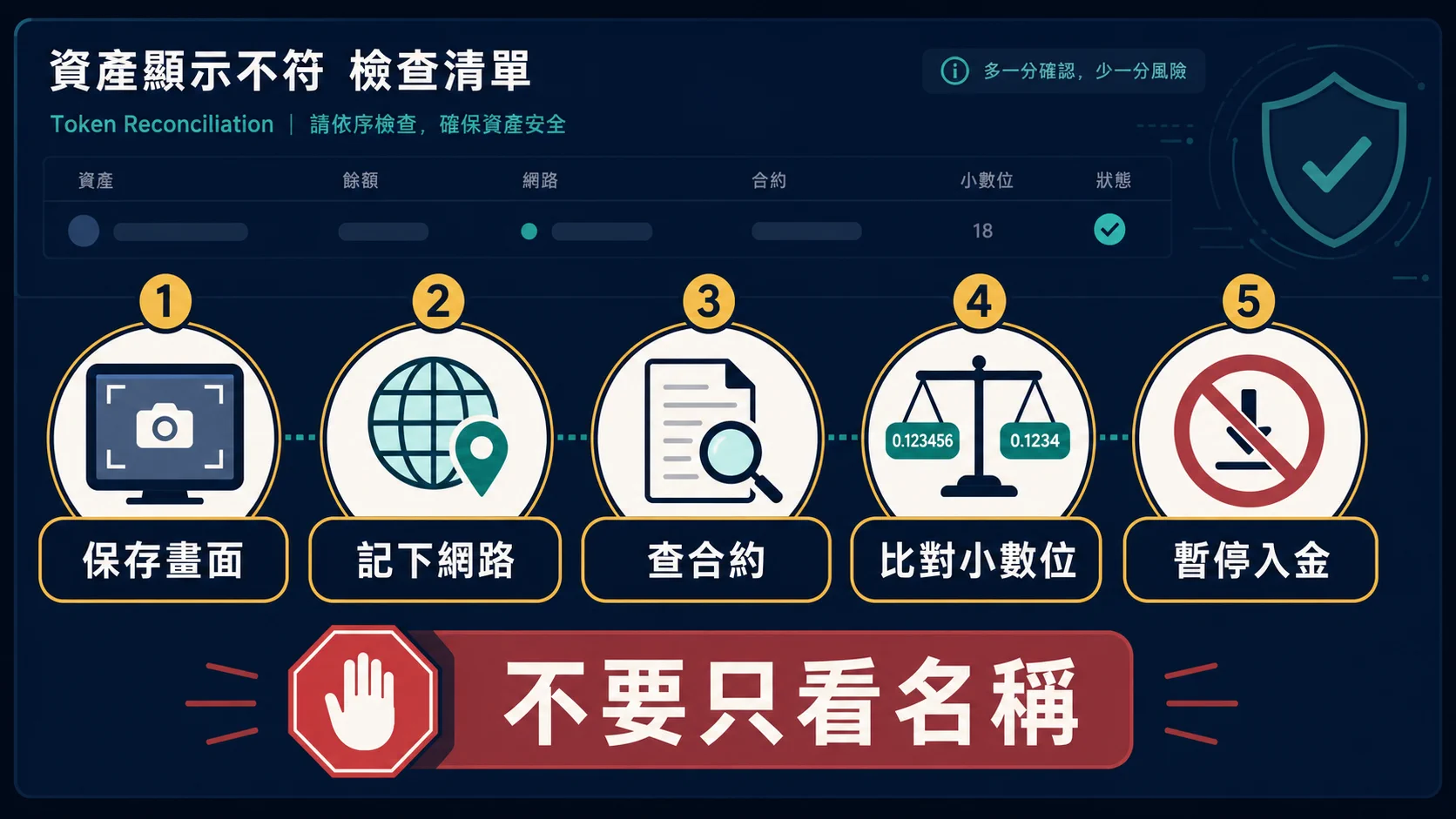 USDT 顯示名稱與小數位怎麼核對?同名代幣、精度與資產辨識流程的同名代幣的核對順序資訊圖