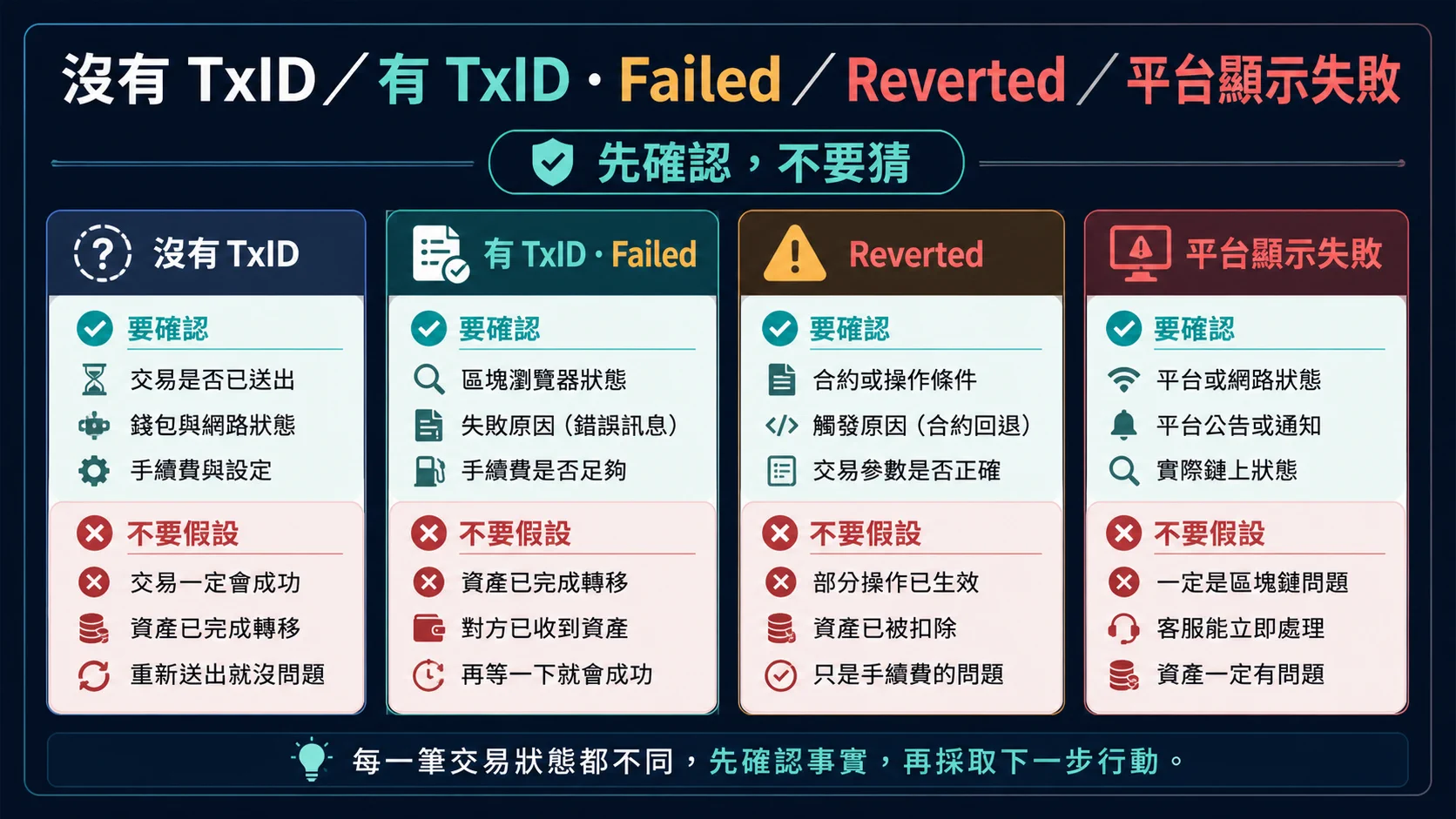 USDT 轉帳顯示 Reverted 或 Failed 怎麼查?錯誤原因與重試前檢查的Failed、Reverted 與沒有 TxID 的差別資訊圖