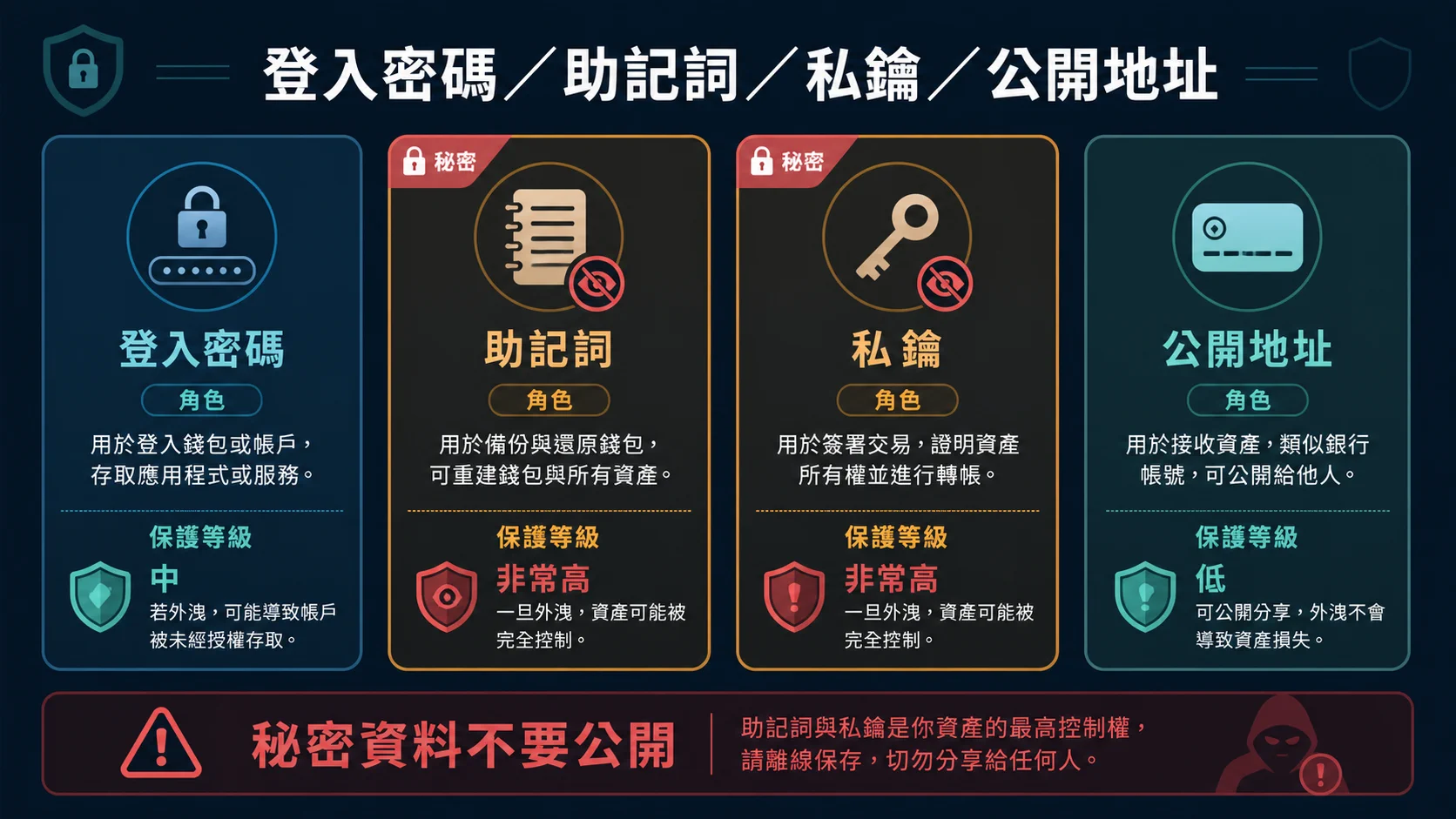 USDT 錢包備份與恢復怎麼做?助記詞、裝置與安全保存檢查的先分清楚密碼、助記詞與私鑰資訊圖