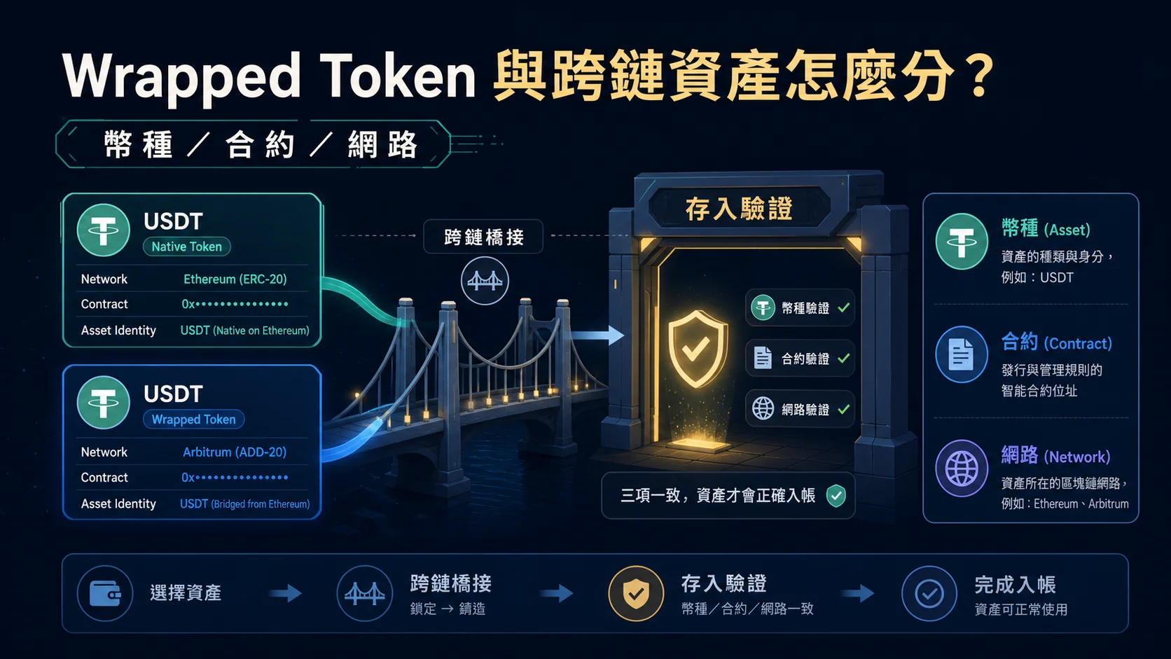 USDT Wrapped Token 與跨鏈資產怎麼分?入金前的幣種、合約與網路核對的封面重點,整理 USDT 安全檢查與操作重點