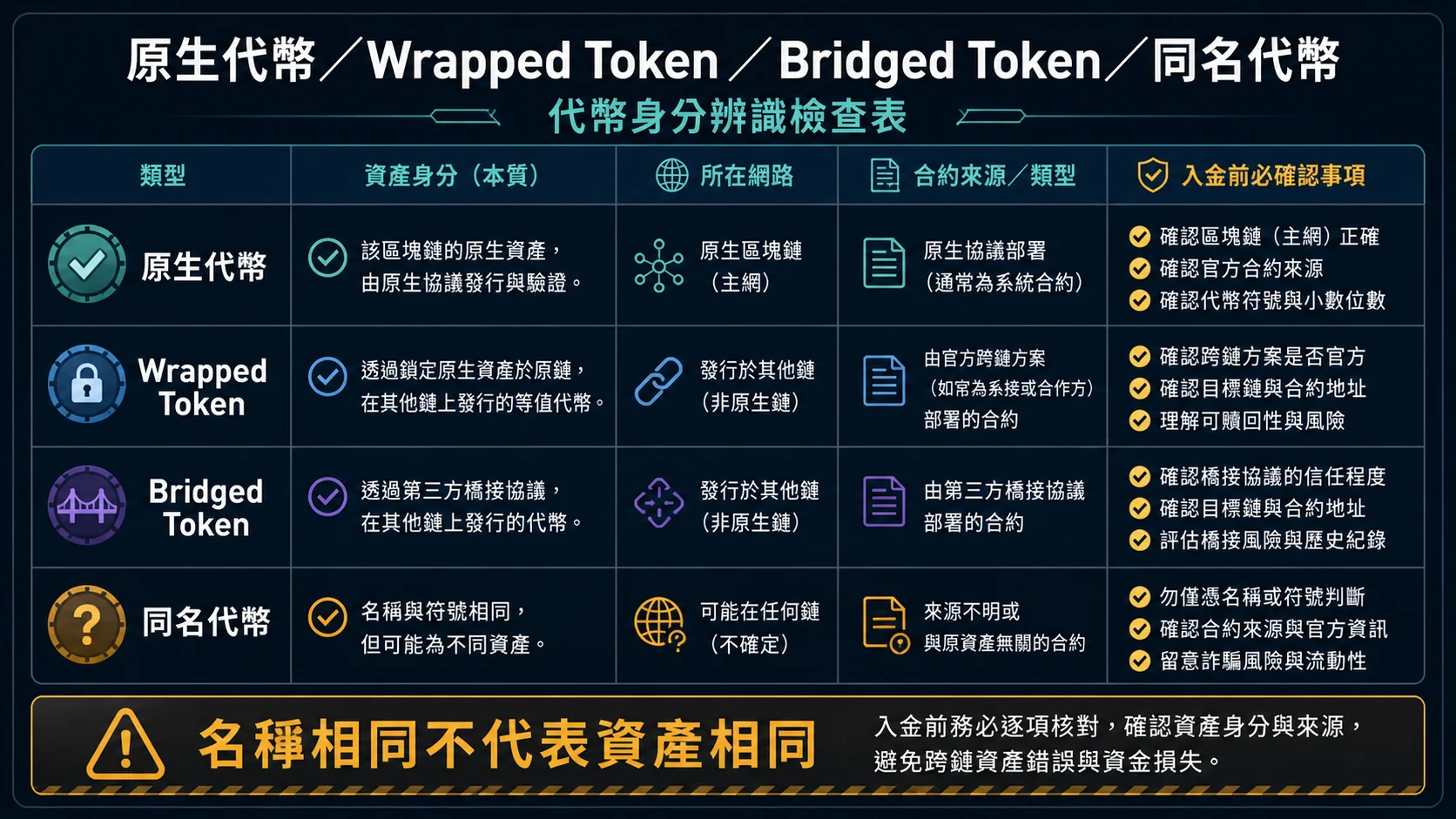 USDT Wrapped Token 與跨鏈資產怎麼分?入金前的幣種、合約與網路核對的入金前的四欄核對法資訊圖