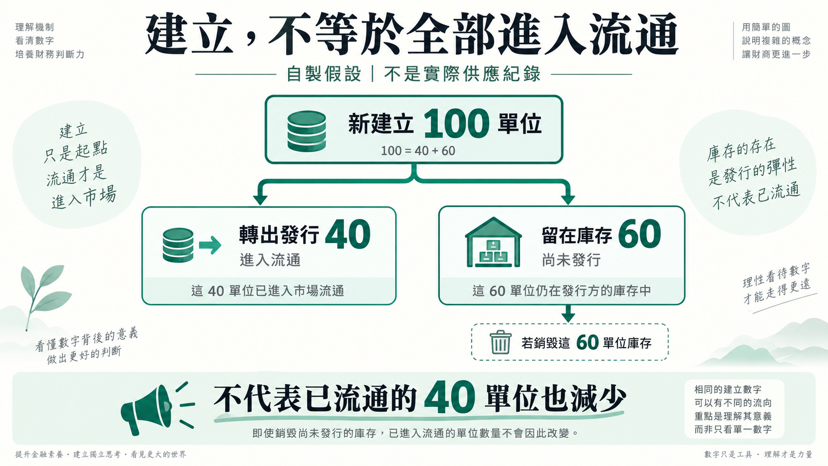 自製假設100單位分為已發行40與庫存60，銷毀庫存不減少已流通40的示意圖