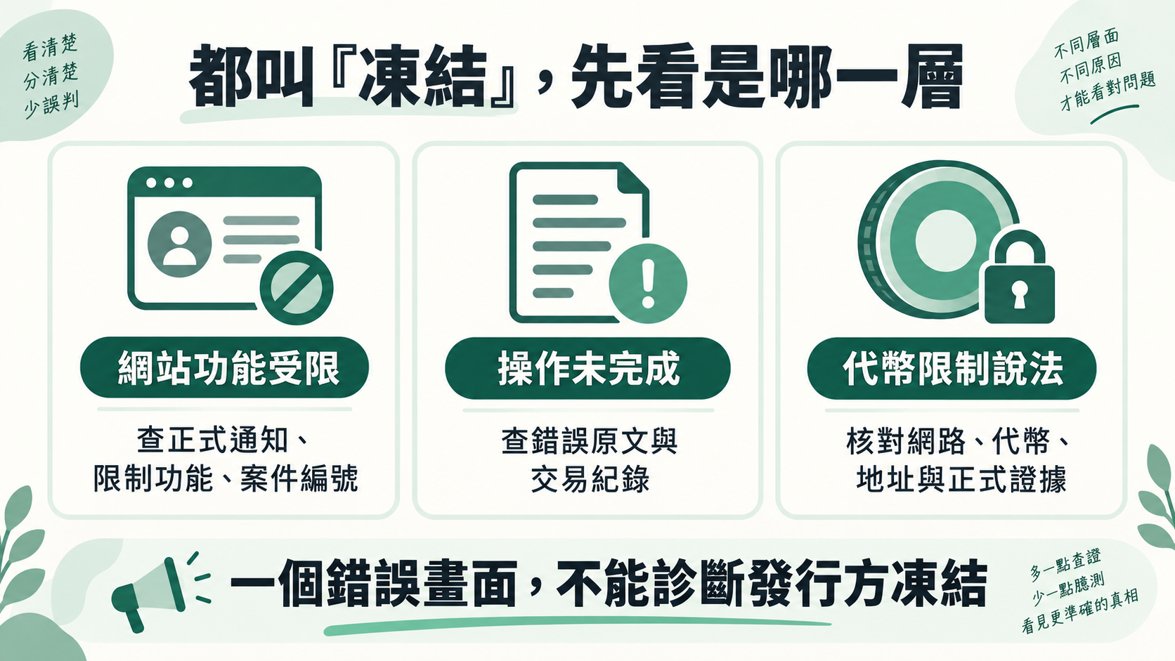 網站功能受限、操作未完成與代幣限制說法的證據層級比較圖