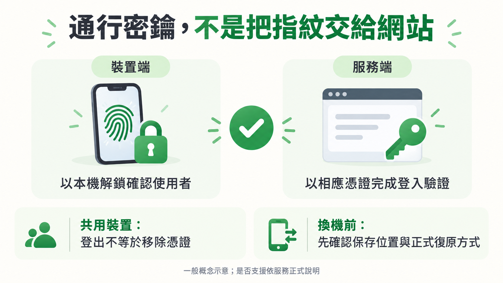 通行密鑰區分裝置本機解鎖與服務登入憑證,不把指紋傳給網站